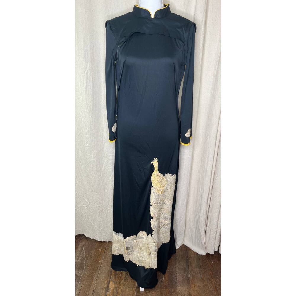 1960s Handmade Black Gold Thread Oriental Peacock Bird Mod Asian Maxi Dress M - Picture 12 of 14